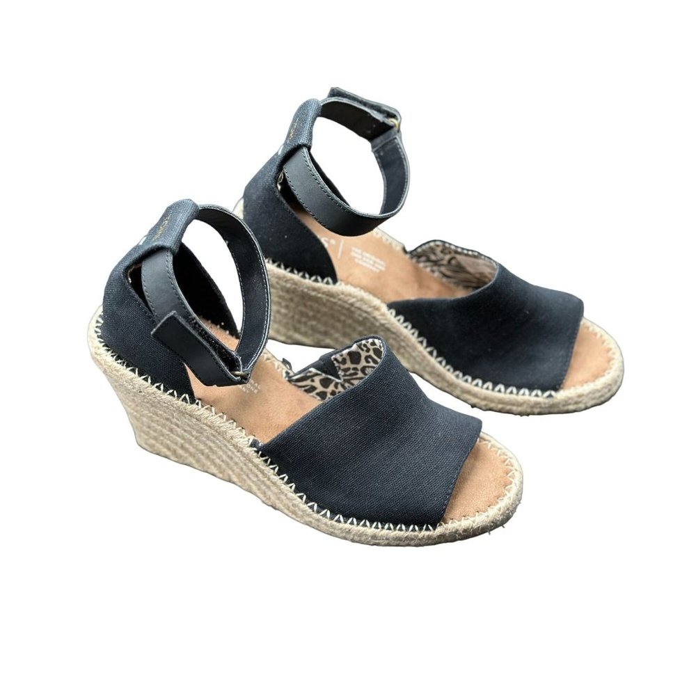 Toms Womens Marisol Wedge Sandal Adjustable Hook and Loop Strap Black Size 6M